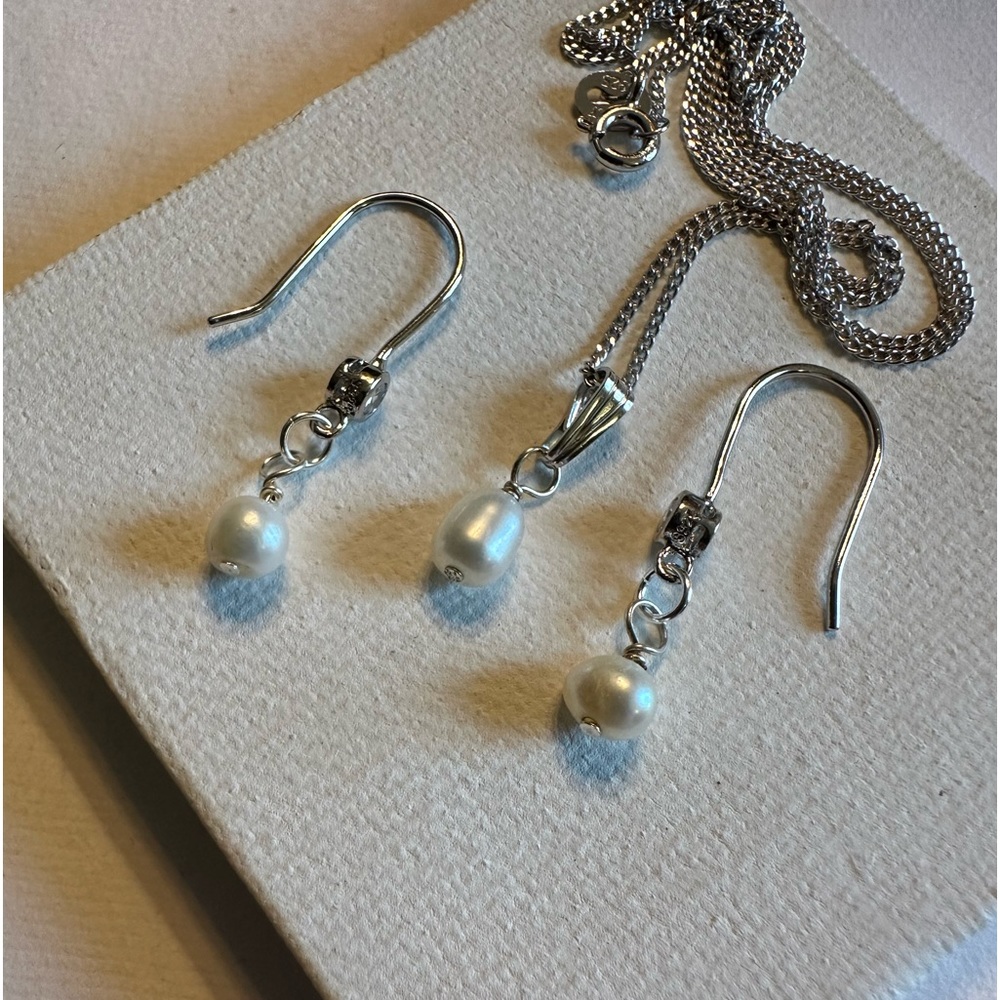 ARTISAN White Freshwater Pearls Sterling Silver CZ Earrings and 20 Inch Necklace